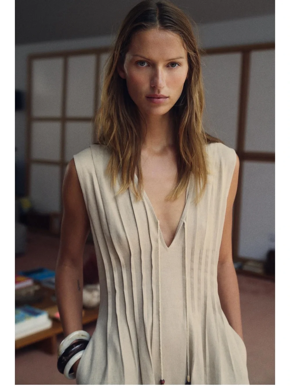 Zara light beige pleated linen midi dress